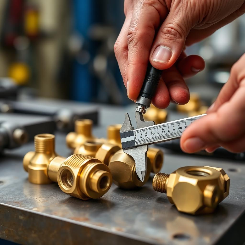 Machined brass welding parts being inspected with a vernier caliper
